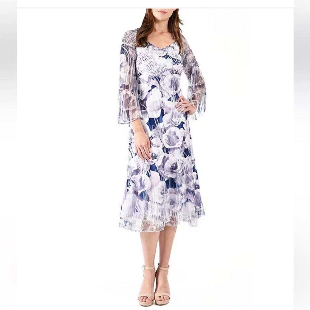 NWT Komarov Pleated Floral V-Neck 3/4 Wide Chiffon Sleeve Layered Hem Dress